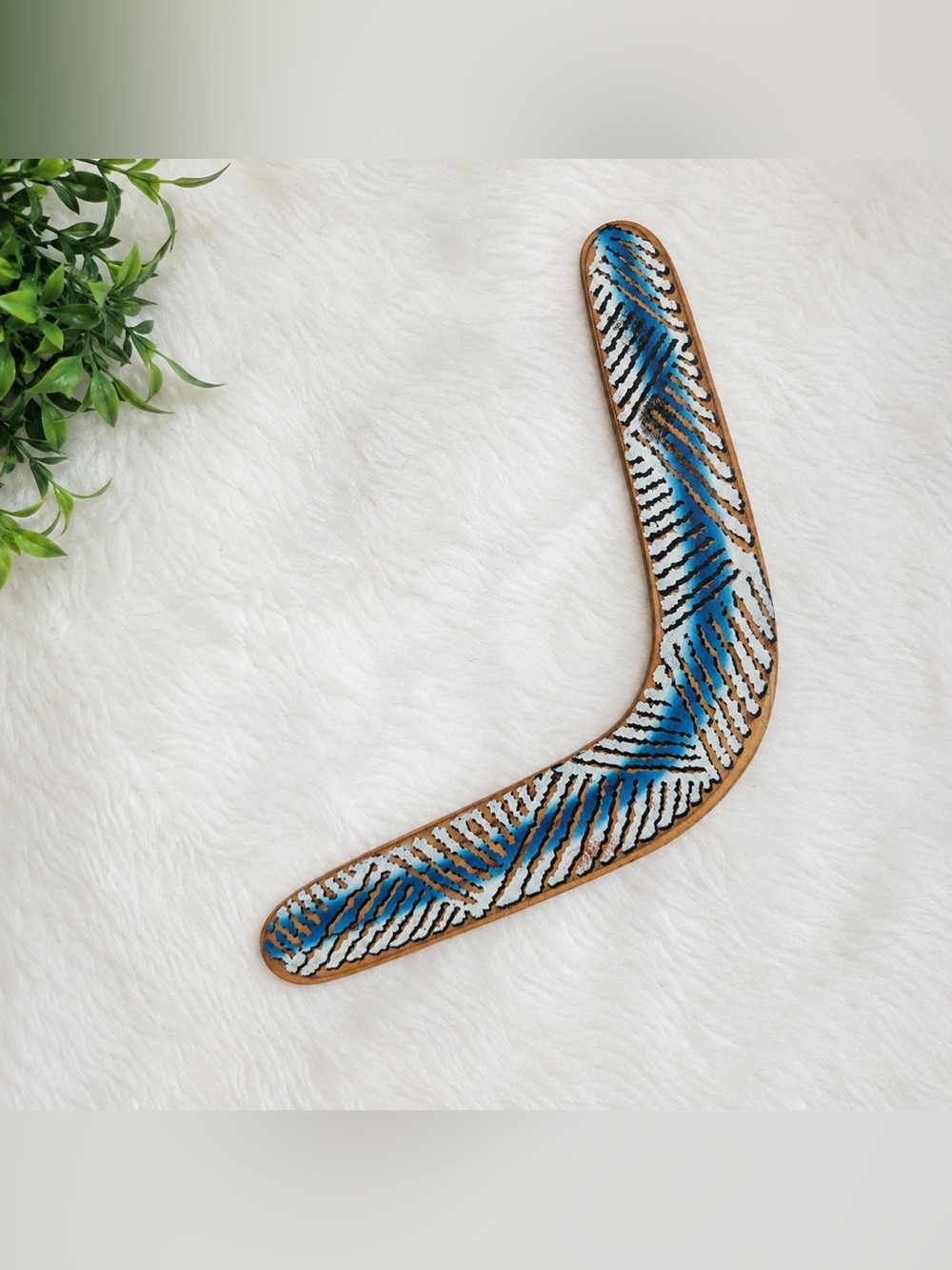 Handmade Wooden Boomerang – Blue & White Tribal Art Decor